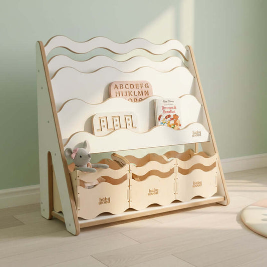 Wooden book and toy shelf "WAVE", various sizes