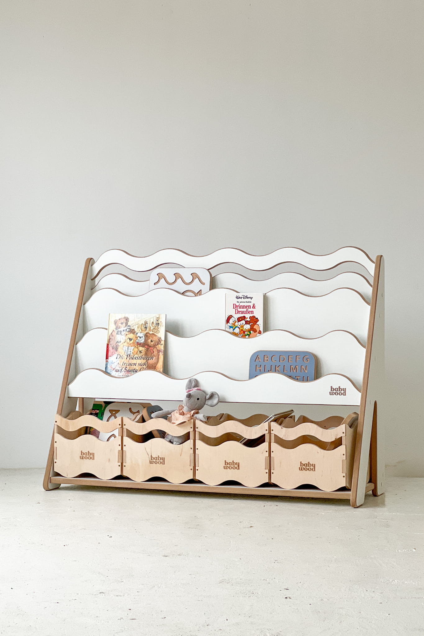 Wooden book and toy shelf "WAVE", various sizes