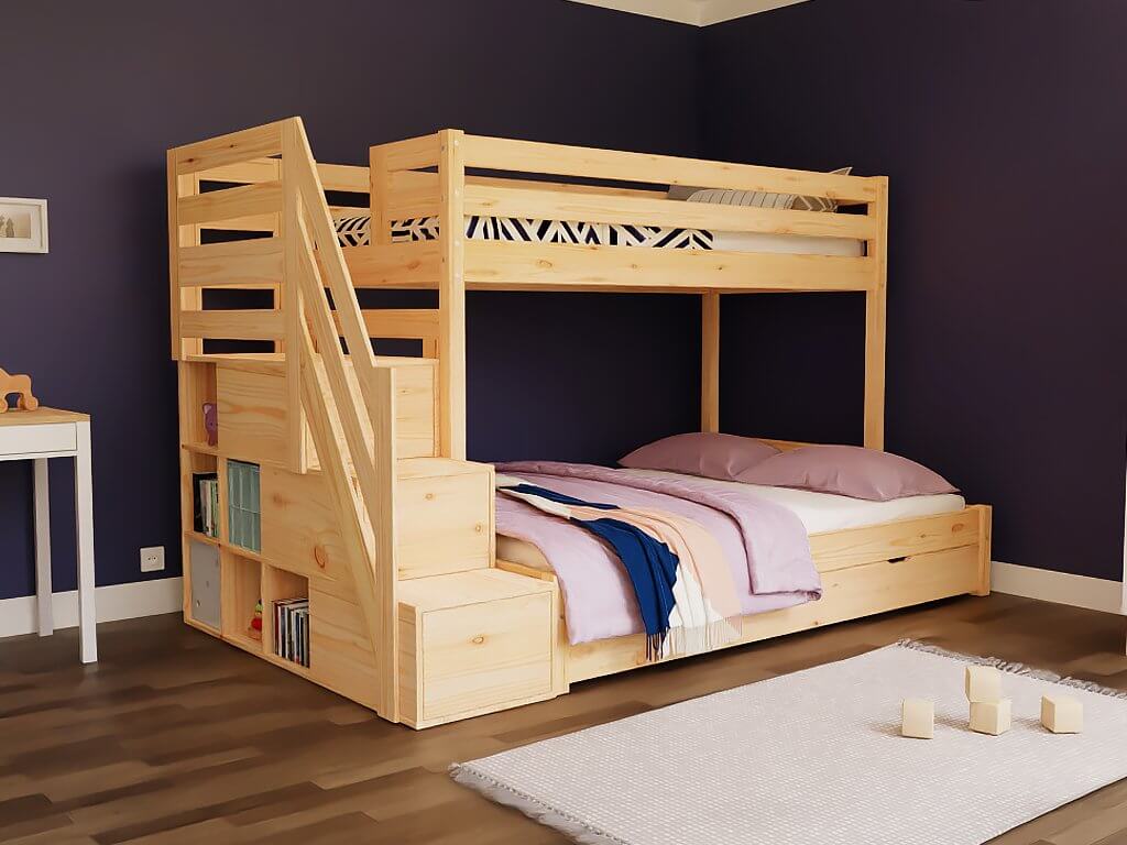 Holz Etagenbett HANNES für 3 Personen mit Stufenregal, versch. Farben