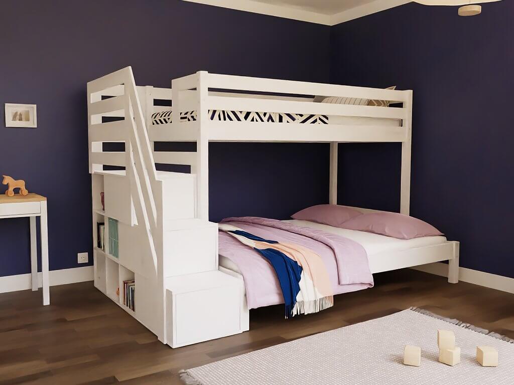 Holz Etagenbett HANNES für 3 Personen mit Stufenregal, versch. Farben