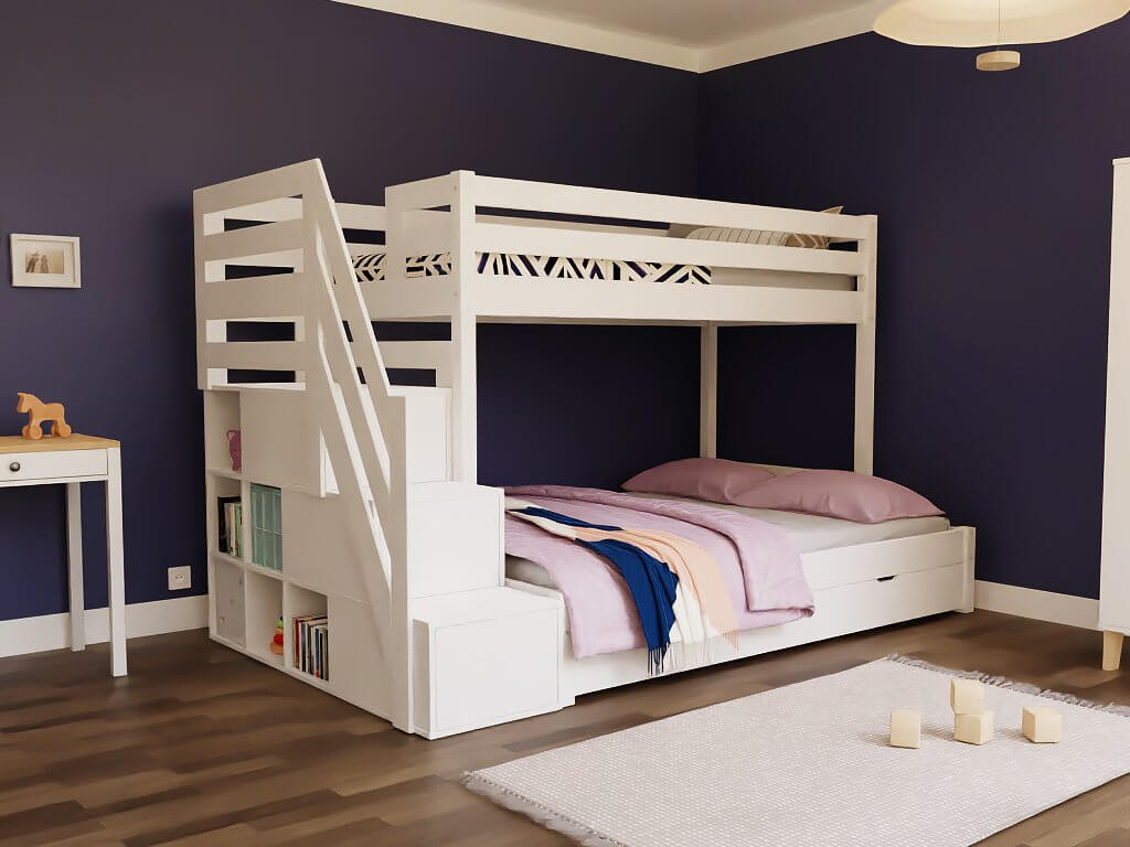 Holz Etagenbett HANNES für 3 Personen mit Stufenregal, versch. Farben