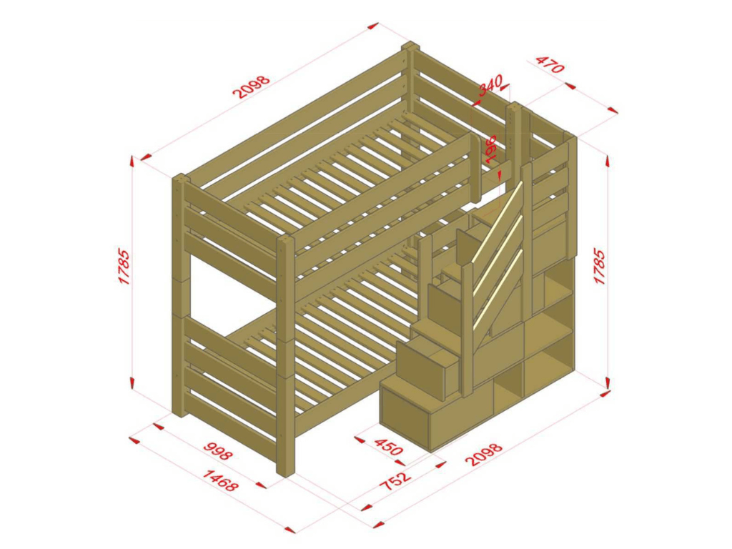 Holz Etagenbett THEA mit Stufenregal vorne – detailreiche Zeichnung mit Abmessungen und stabiler Bauweise.
