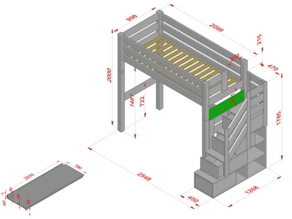 Houten hoogslaper met opstapplank en bureau 90x200 cm