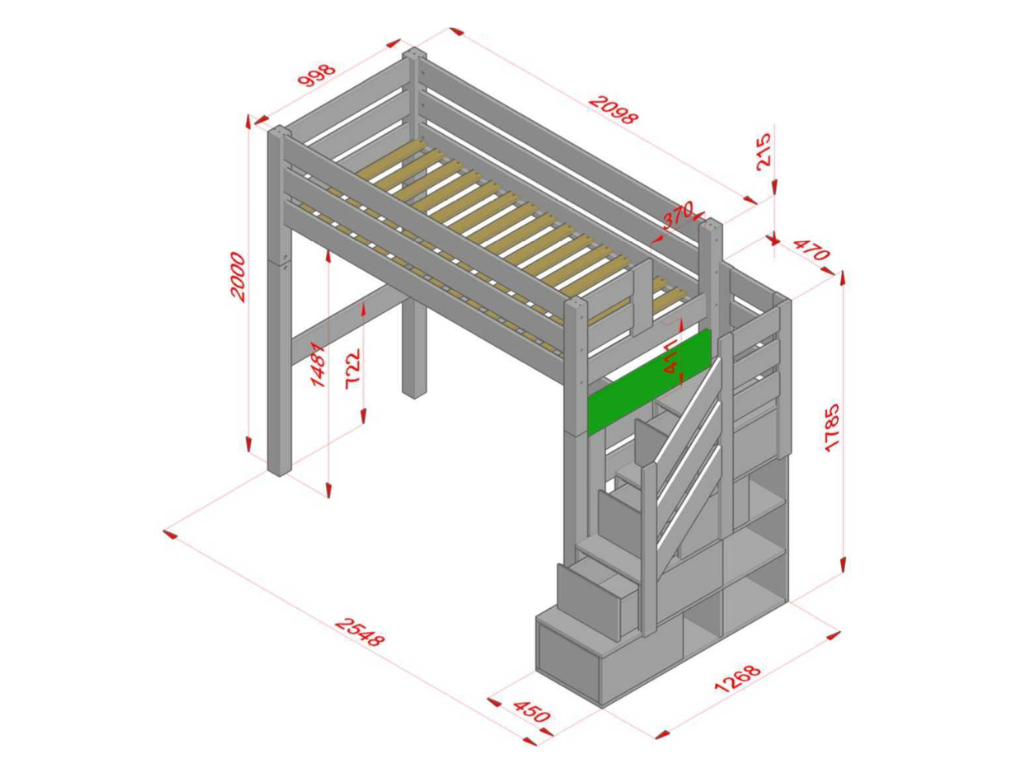 Holz Hochbett mit Stufenregal 90x200 cm