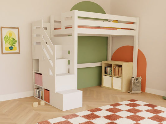 Holz Hochbett mit Stufenregal 90x200 cm