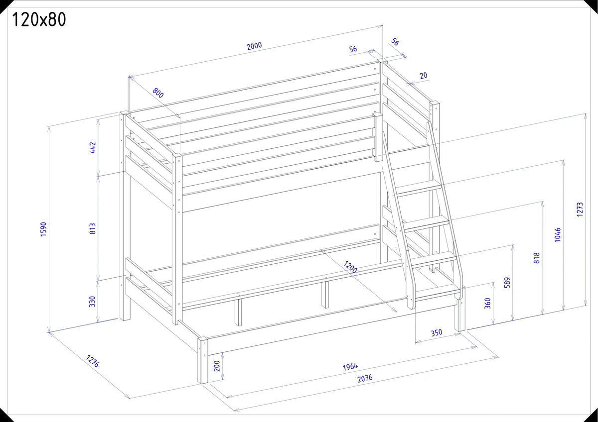 Maßangaben zum Etagenbett HANNES für 3 Personen in 80x200 und 120x200 cm