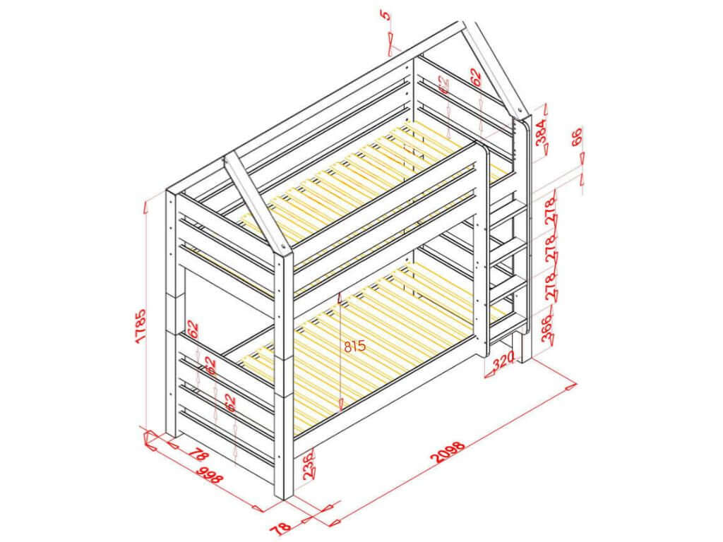 Wooden house bunk bed THEA with step shelf at the front