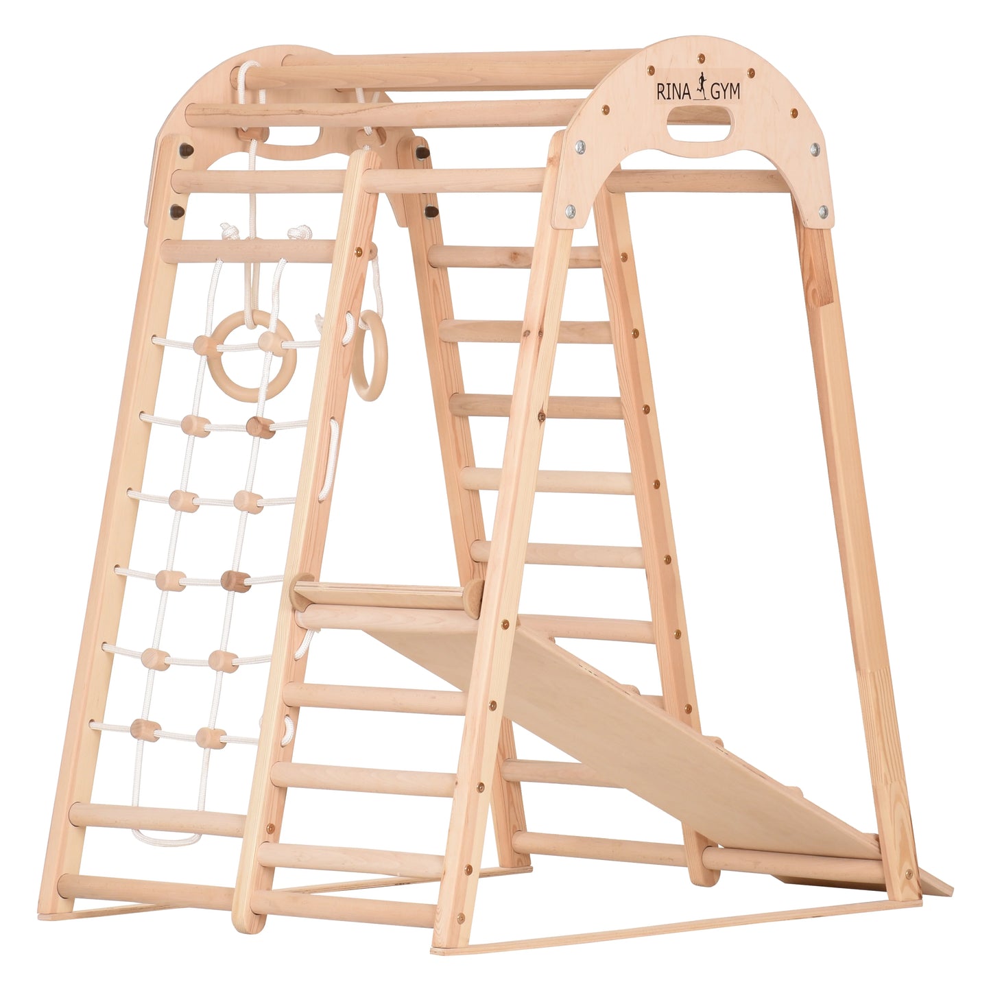 Indoor Spielplatz - Kletternetz, schwedische Leiter, Ringe, Rutsche - unbehandeltes Holz