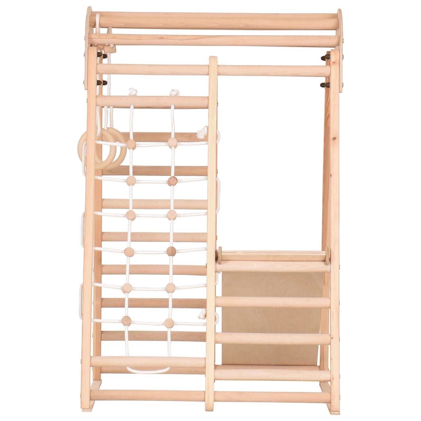 Indoor Spielplatz - Kletternetz, schwedische Leiter, Ringe, Rutsche - unbehandeltes Holz