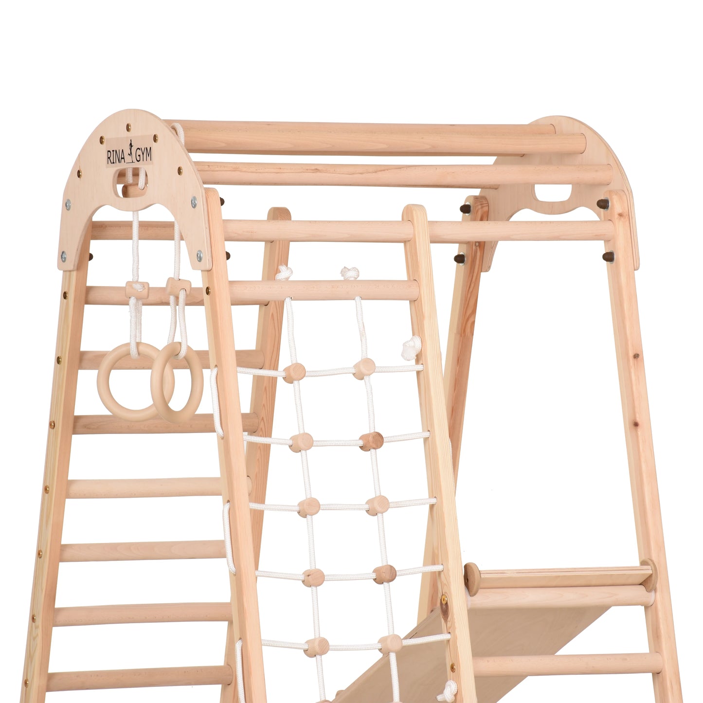 Indoor Spielplatz - Kletternetz, schwedische Leiter, Ringe, Rutsche - unbehandeltes Holz