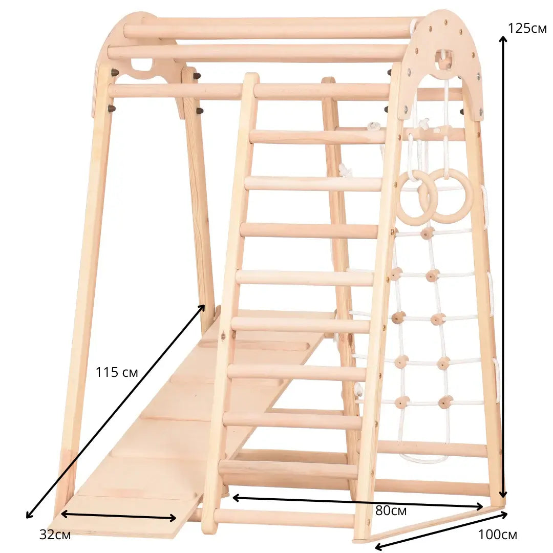Indoor Spielplatz natur aus Holz - Kletternetz, schwedische Leiter, Ringe, Rutsche