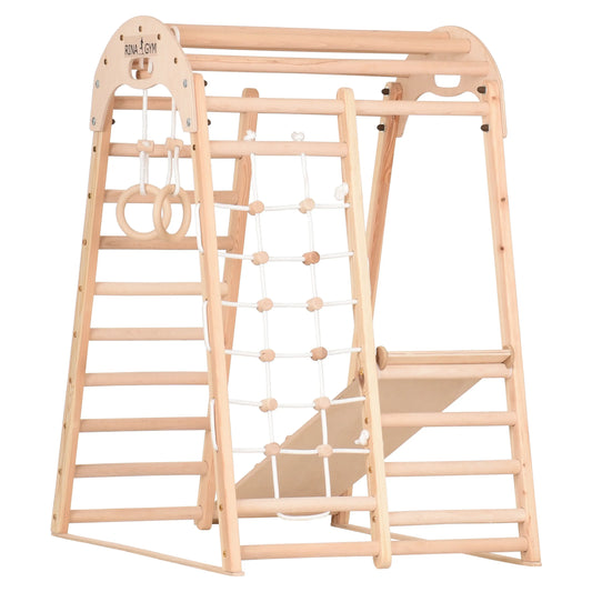Indoor Spielplatz natur aus Holz - Kletternetz, schwedische Leiter, Ringe, Rutsche