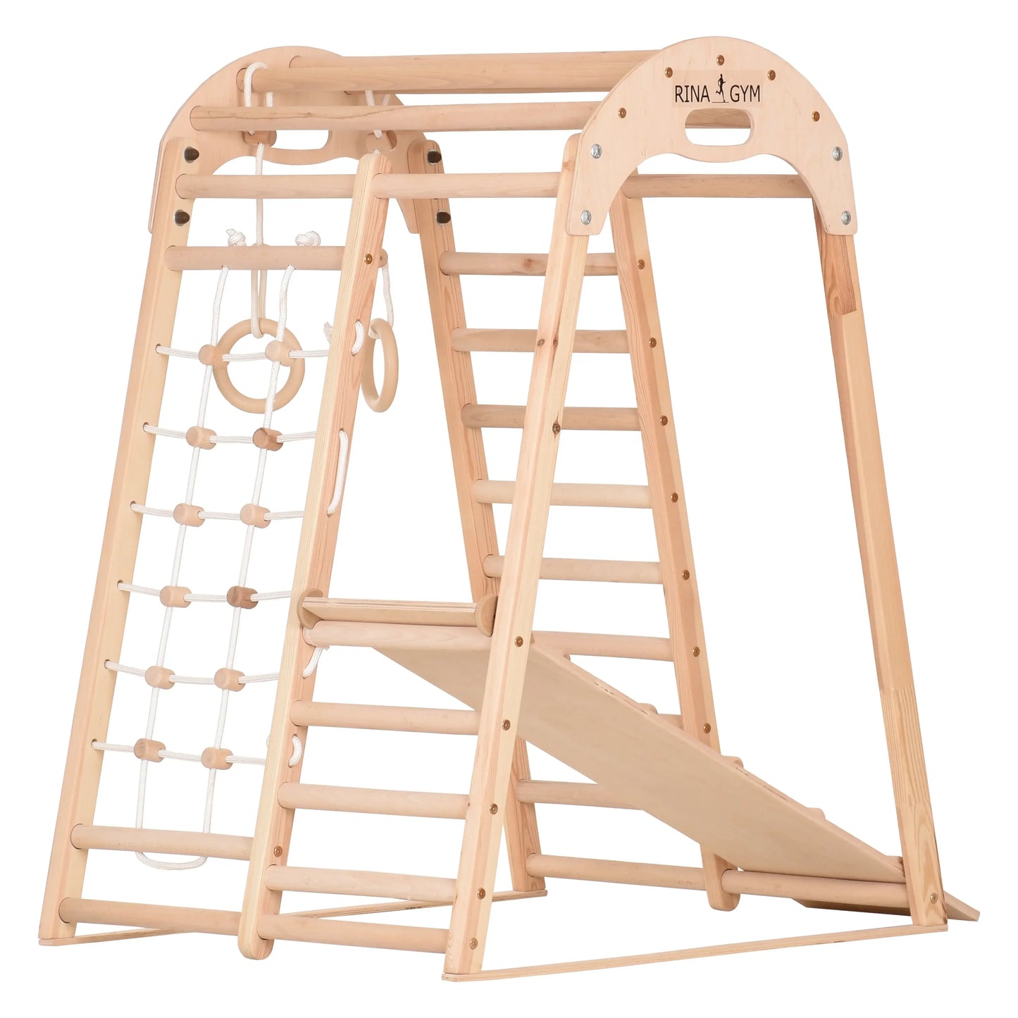 Indoor Spielplatz natur aus Holz - Kletternetz, schwedische Leiter, Ringe, Rutsche