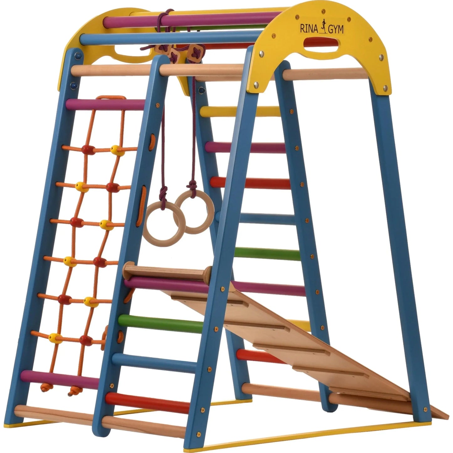 Blauwe binnenspeeltuin van hout met klimnet, zweedse ladder, ringen, glijbaan