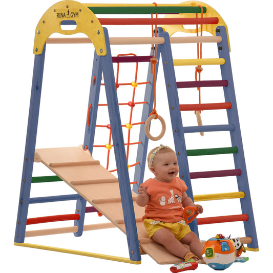 Indoor Spielplatz blau aus Holz mit Kletternetz, schwedische Leiter, Ringe, Rutsche