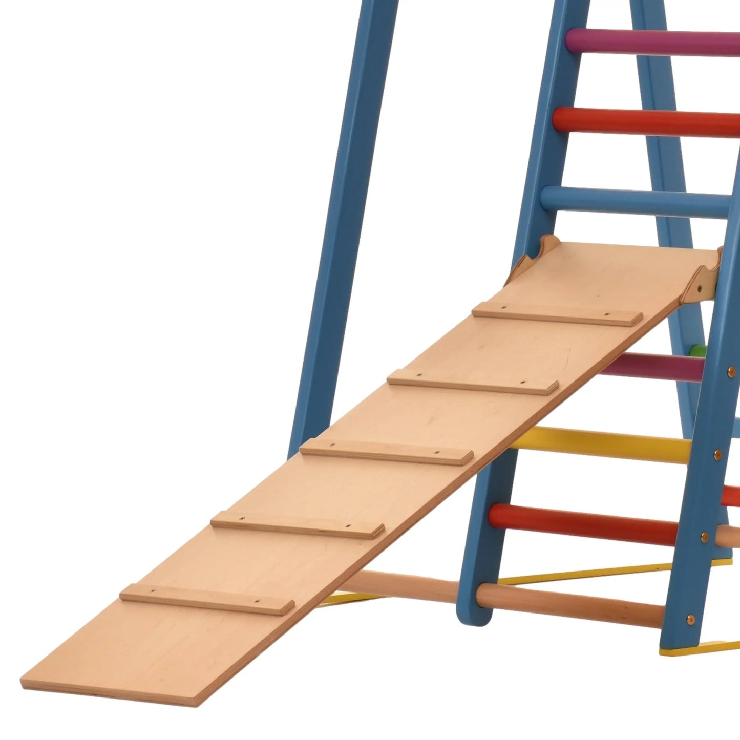 Blauwe binnenspeeltuin van hout met klimnet, zweedse ladder, ringen, glijbaan