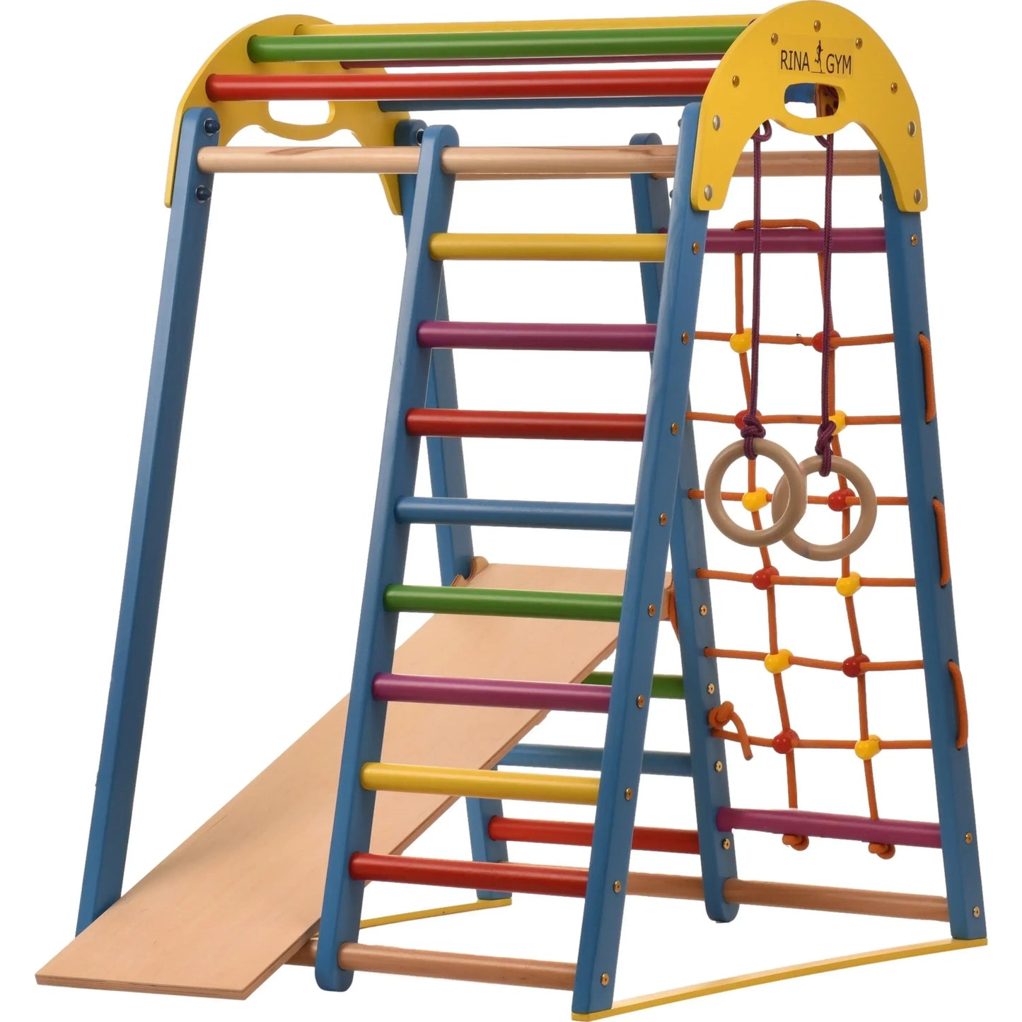 Blauwe binnenspeeltuin van hout met klimnet, zweedse ladder, ringen, glijbaan