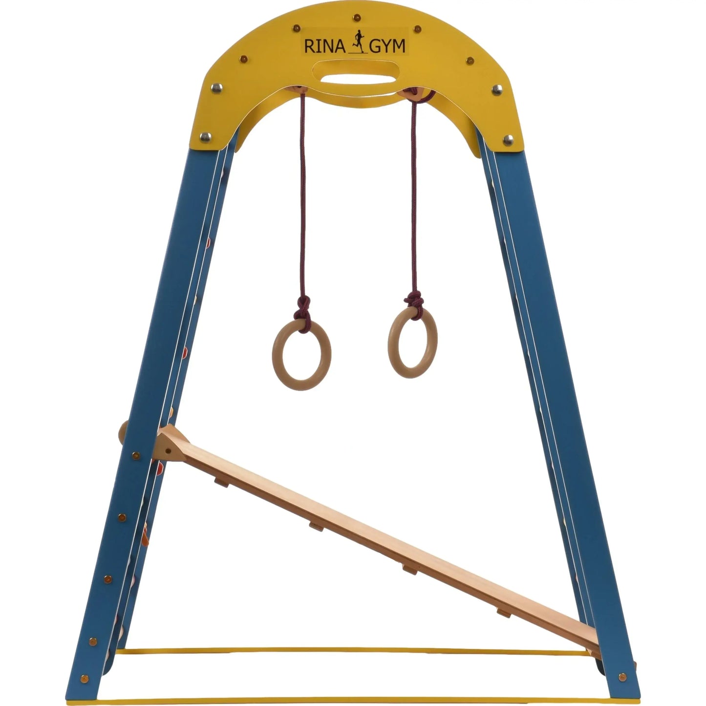 Blauwe binnenspeeltuin van hout met klimnet, zweedse ladder, ringen, glijbaan