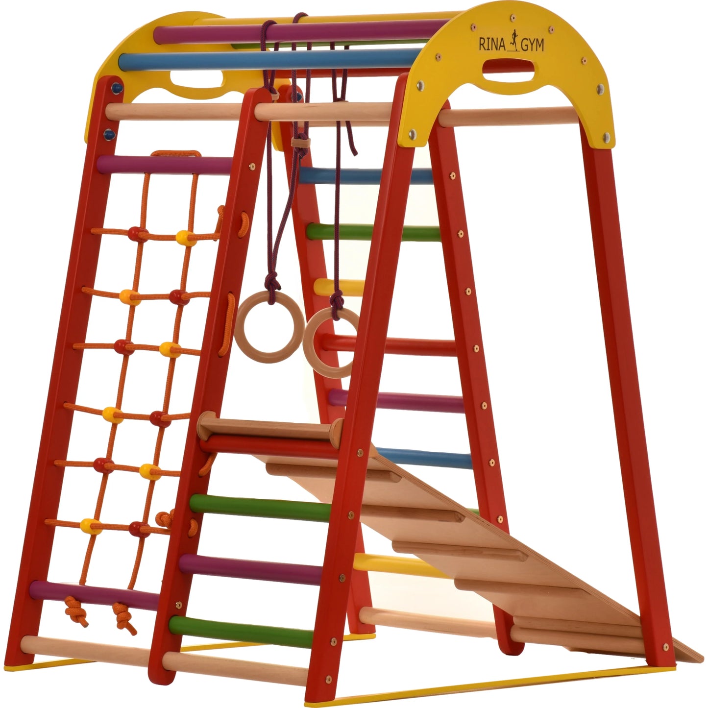 Binnenspeeltuin rood van hout - klimnet, zweedse ladder, ringen, glijbaan