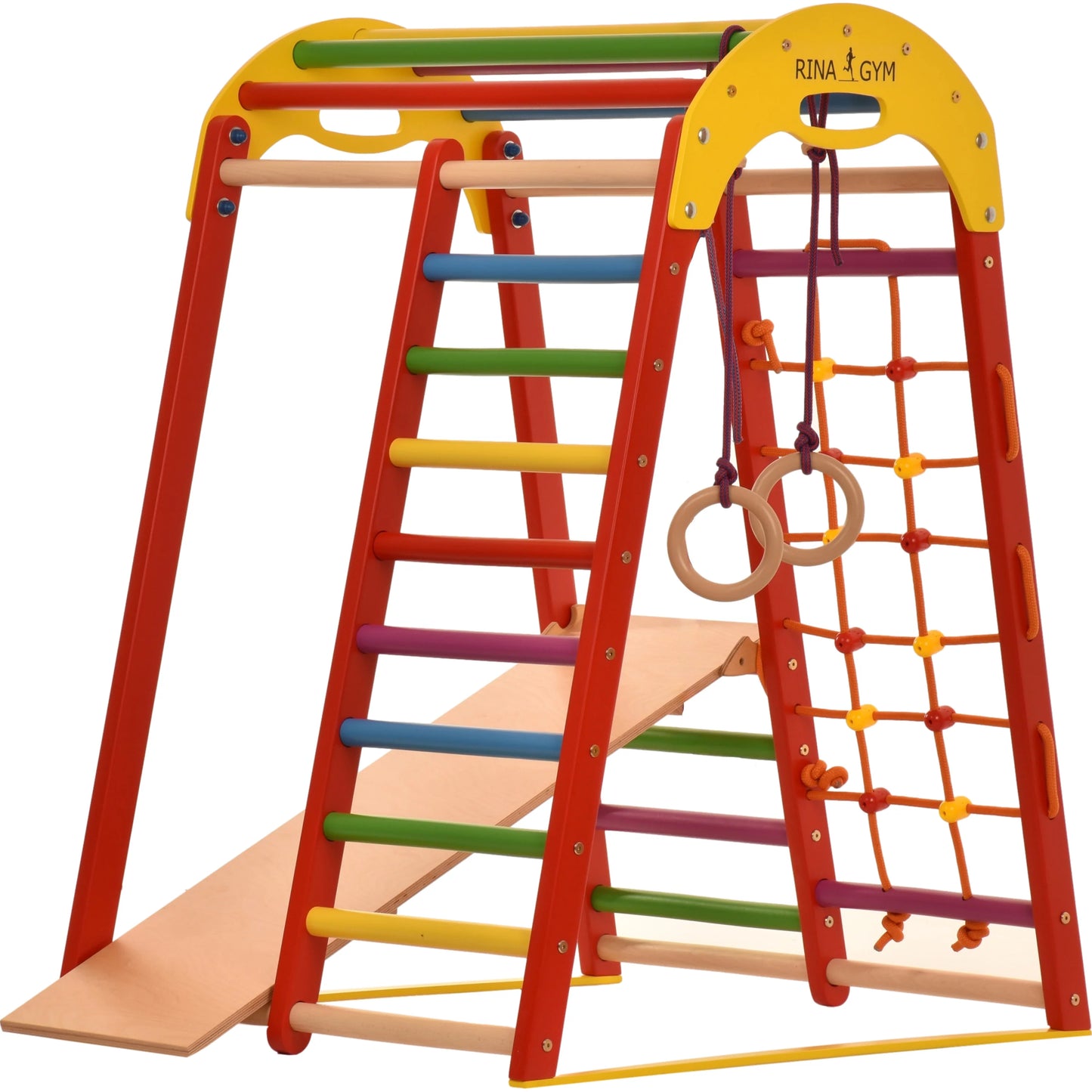 Binnenspeeltuin rood van hout - klimnet, zweedse ladder, ringen, glijbaan