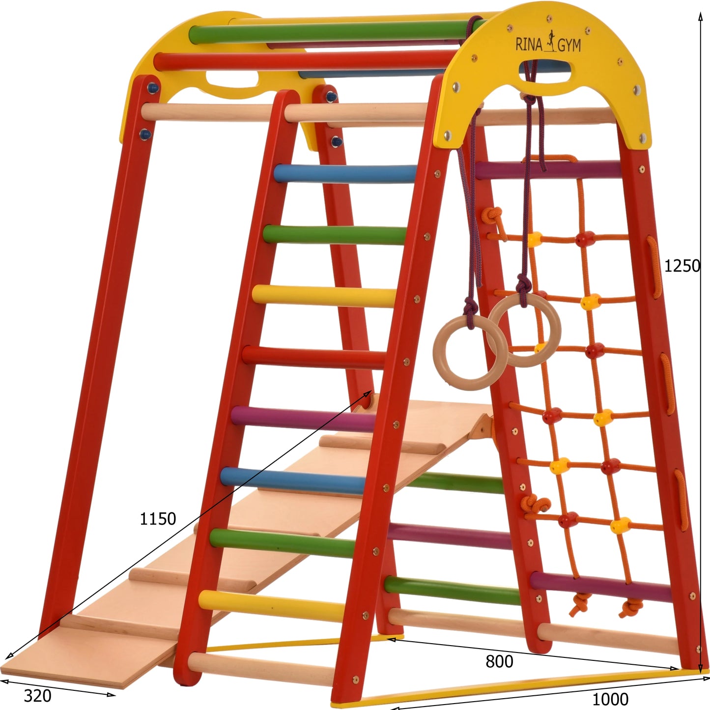Binnenspeeltuin rood van hout - klimnet, zweedse ladder, ringen, glijbaan