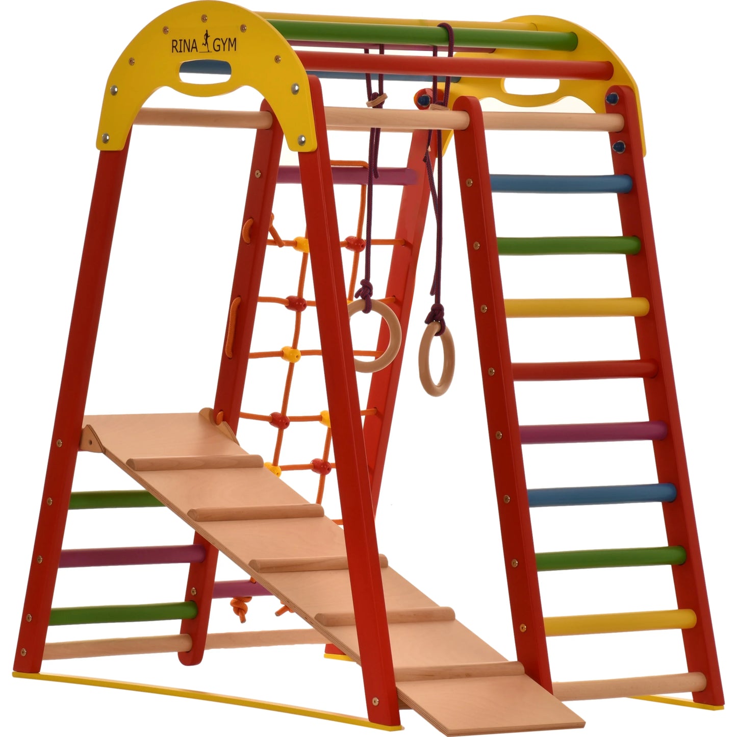 Binnenspeeltuin rood van hout - klimnet, zweedse ladder, ringen, glijbaan