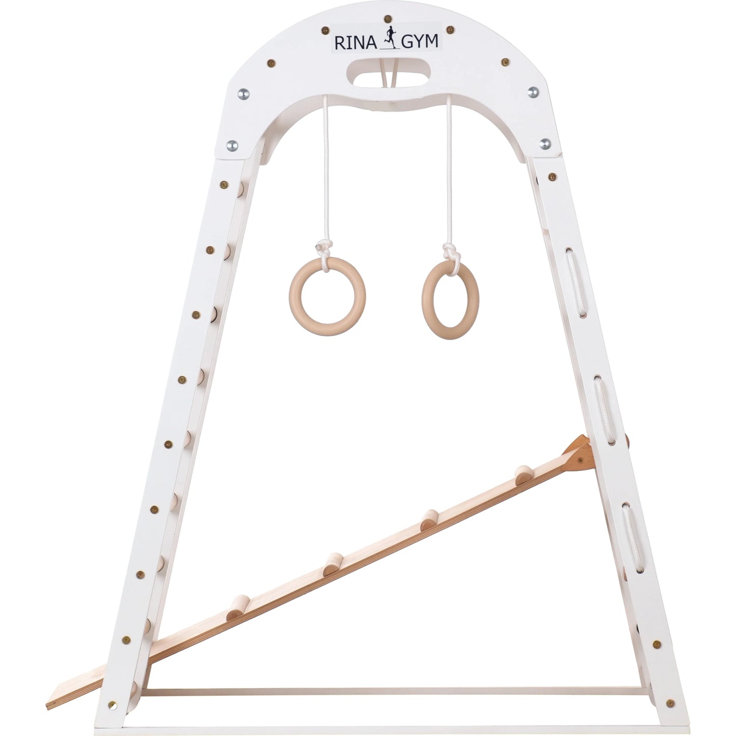 Indoor Spielplatz weiß aus Holz - Kletternetz, schwedische Leiter, Ringe, Rutsche