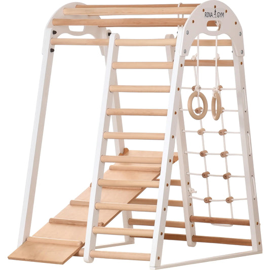 Indoor Spielplatz weiß aus Holz - Kletternetz, schwedische Leiter, Ringe, Rutsche