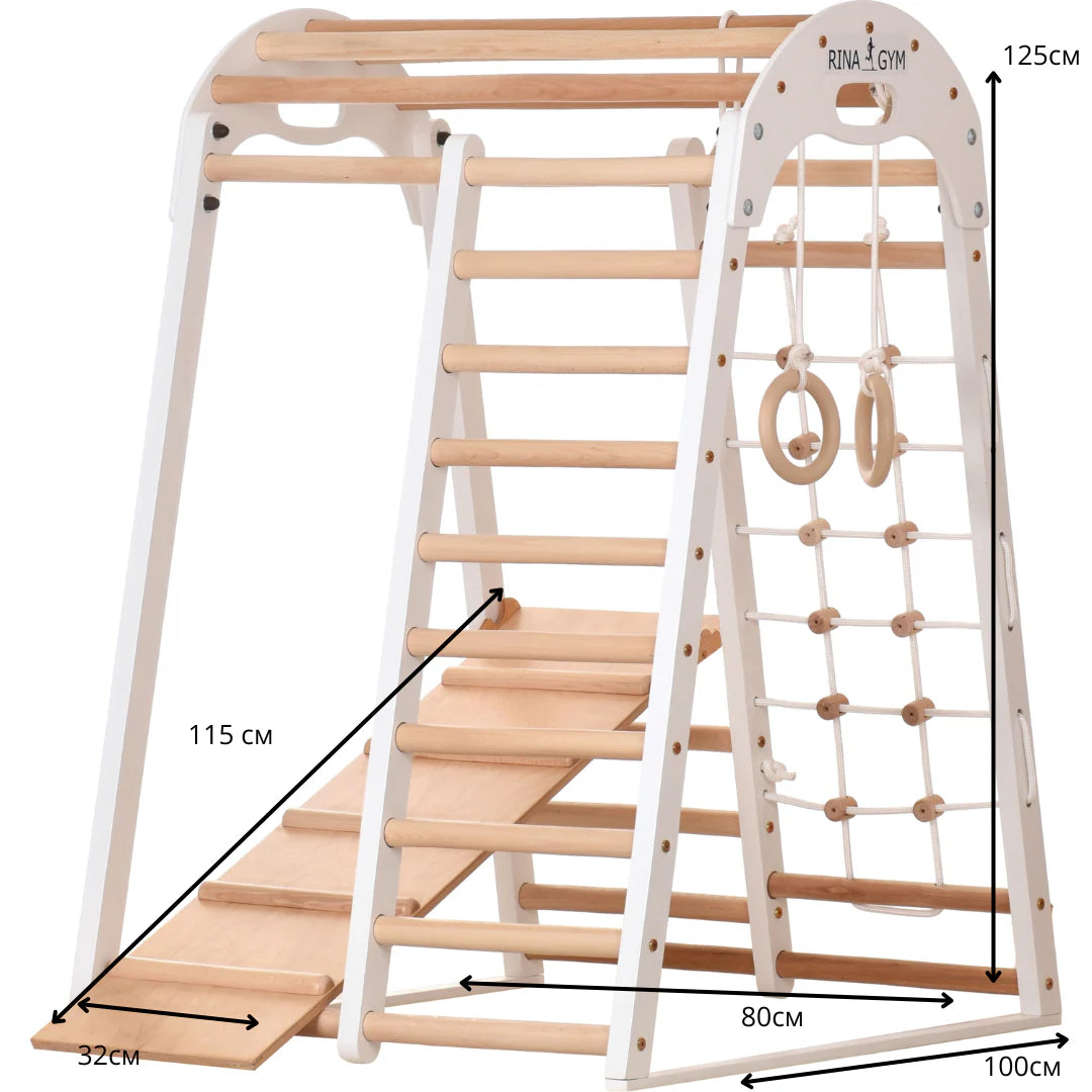 Indoor Spielplatz weiß aus Holz - Kletternetz, schwedische Leiter, Ringe, Rutsche