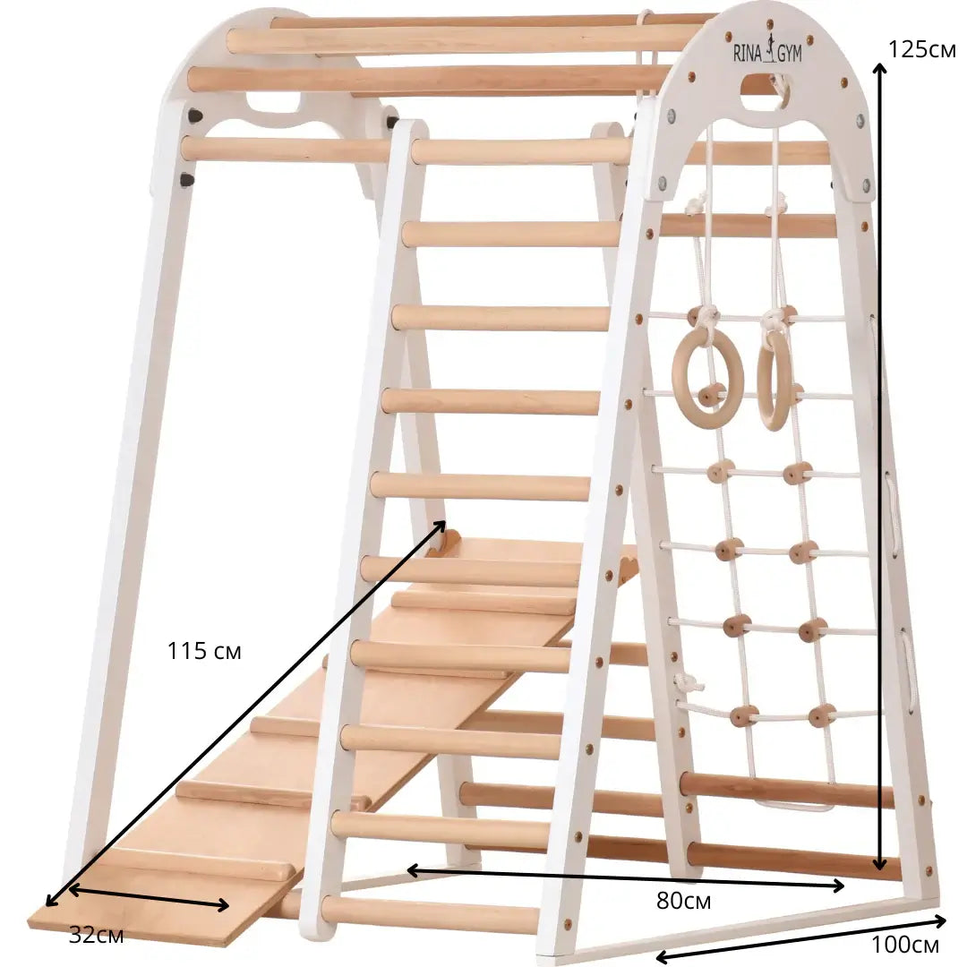 Binnenspeeltuin wit van hout - klimnet, zweedse ladder, ringen, glijbaan