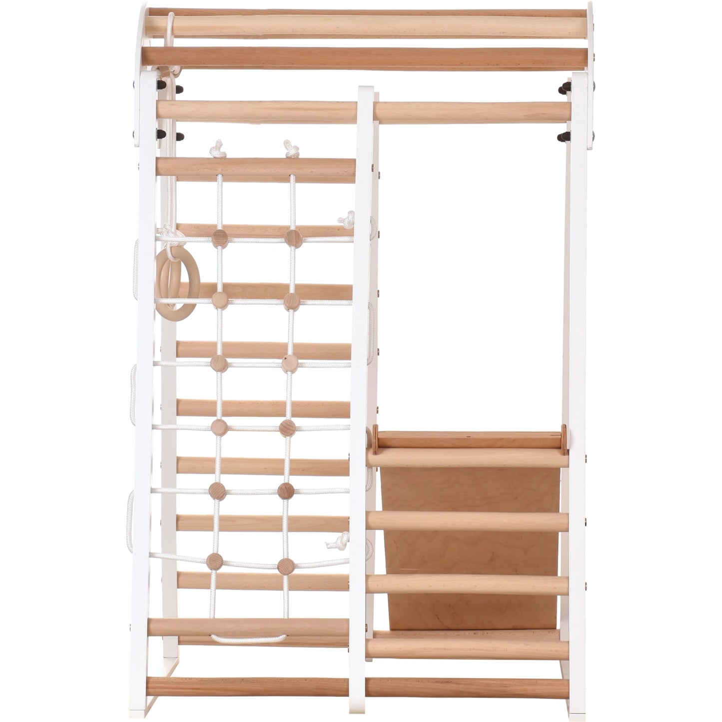 Indoor Spielplatz weiß aus Holz - Kletternetz, schwedische Leiter, Ringe, Rutsche