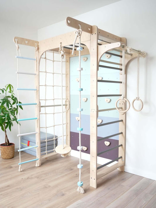 Kletterwand Klimby "Kletterkönig" mit Ringen, Seil und Leiter für Indoor Spielplatz und Abenteuer