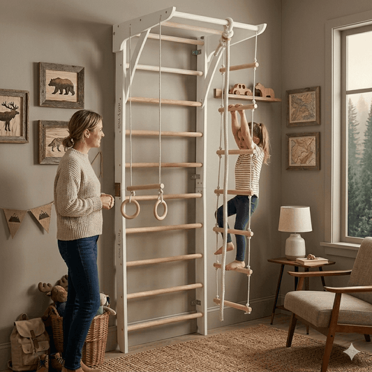 Weiße Kletterwand MICHAELA mit Kind beim Klettern