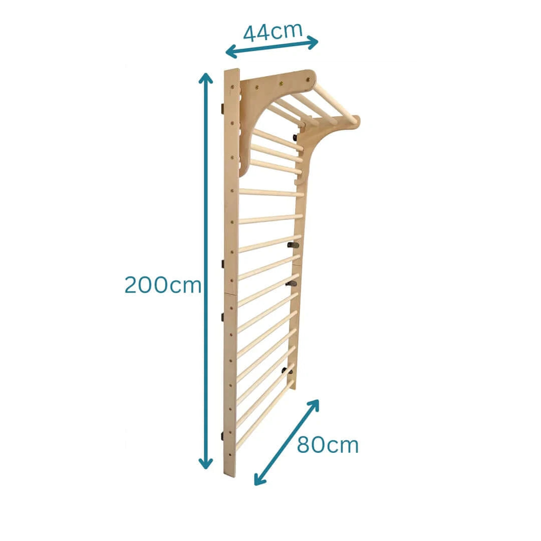 Kletterwand für Kinder aus Holz mit Abmessungen: 200cm hoch, 80cm tief und 44cm breit, ideal für sicheres Klettern.