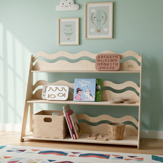 Spielzeugregal "WAVE" aus Holz, versch. Größen mit sanften Wellen und Spielen, ideal für Kinderzimmer.
