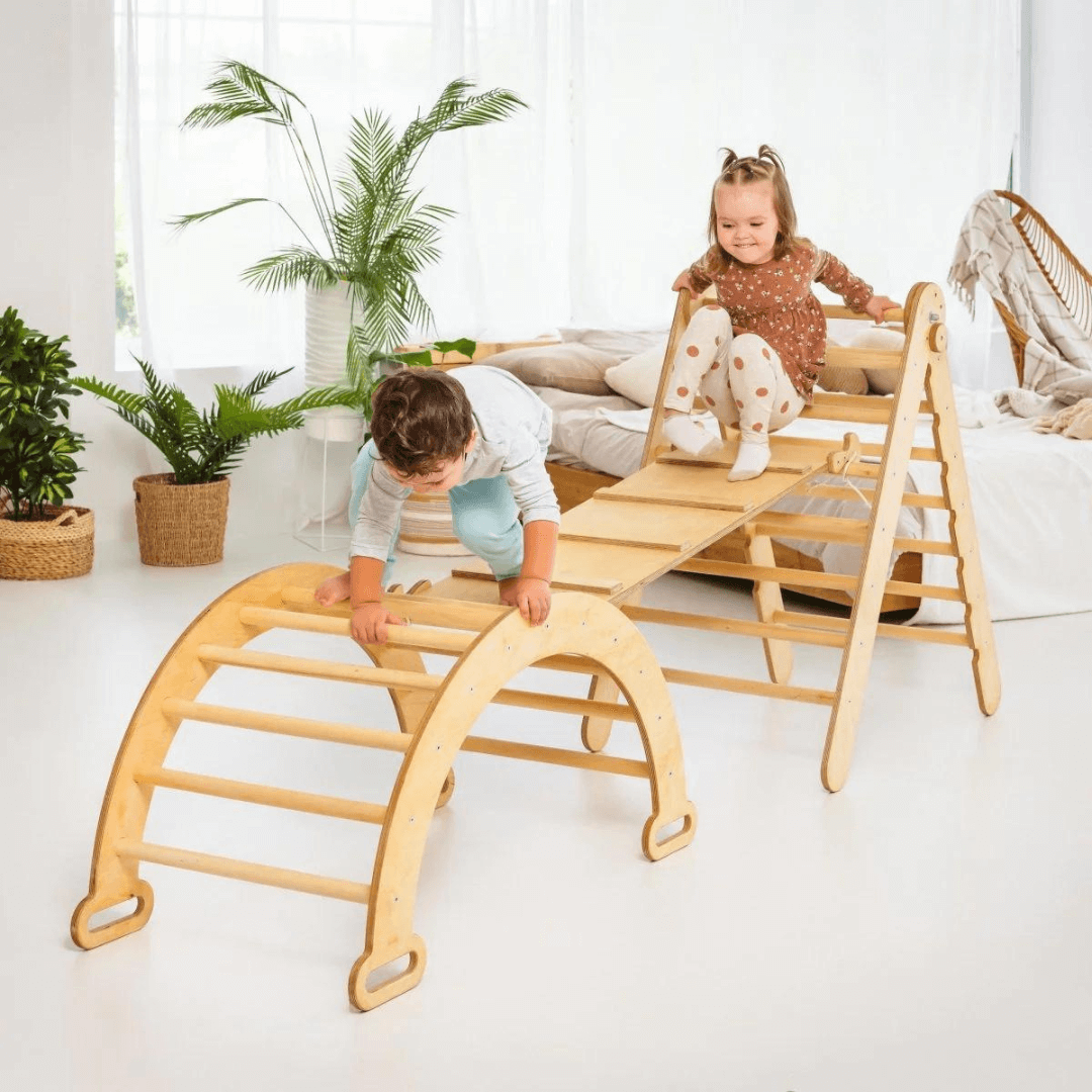 3in1 Montessori climbing set: climbing triangle + wooden arch + slide board, beige
