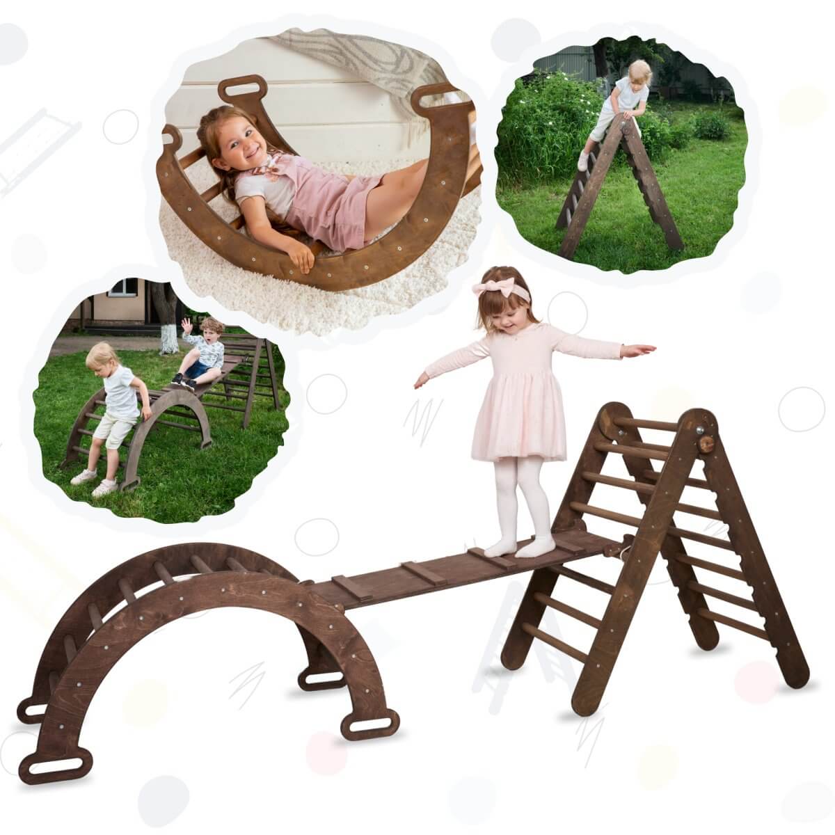 3in1 Montessori climbing set: climbing triangle + wooden arch + slide board, brown