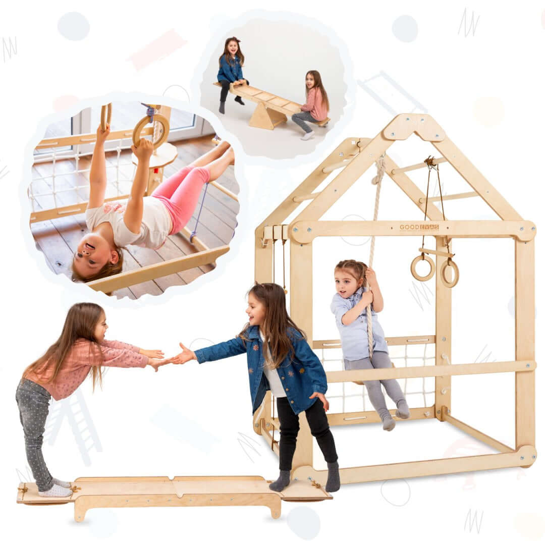3in1 wooden playhouse with saw and set of three swings