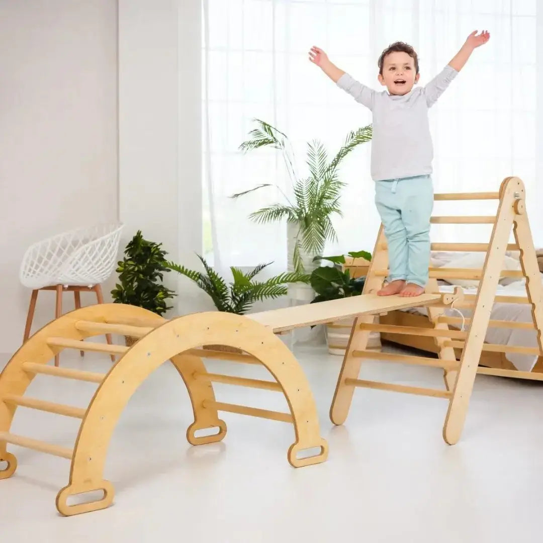 6in1 Montessori climbing set: climbing triangle + arch/seesaw + slide/ramp + net + cushion + artificial addition