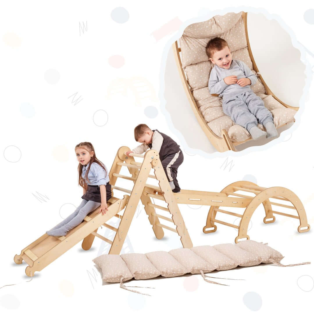 5in1 Montessori climbing set: climbing triangle + climbing arch + slide board + climbing net + cushion