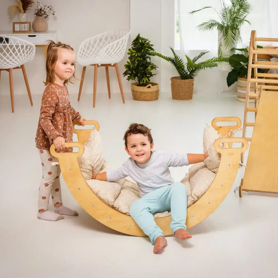 5in1 Montessori Kletter-Set: Kletterdreieck + Kletterbogen + Rutsche + Kissen + Kunstzusatz