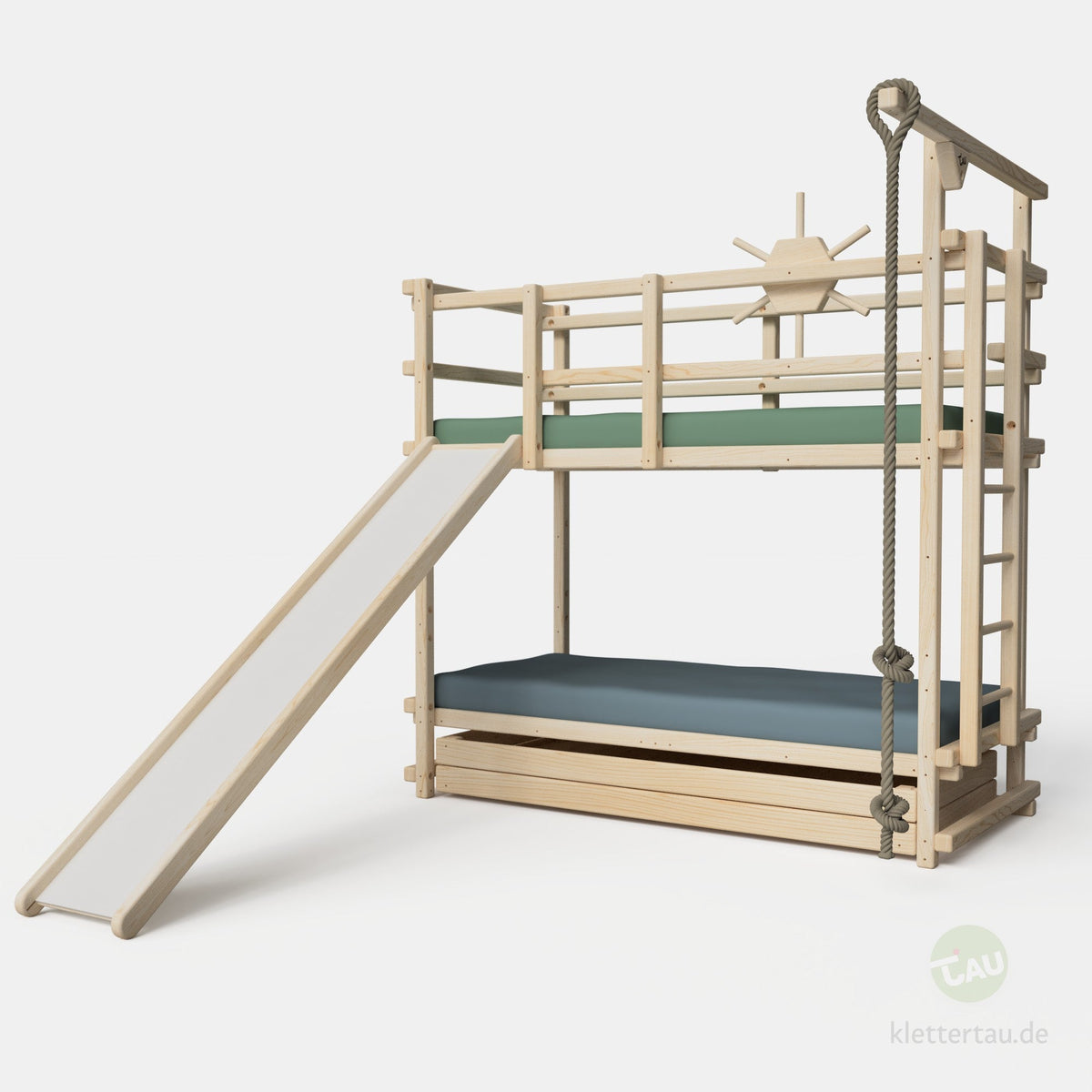 Abenteuer-Etagenbett mit Kletterseil und Rutsche