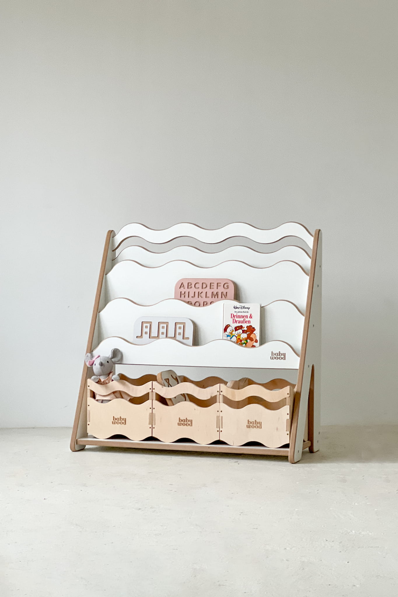 Wooden book and toy shelf "WAVE", various sizes