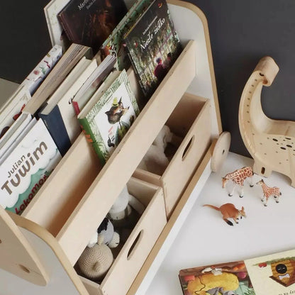 wooden bookcase on wheels