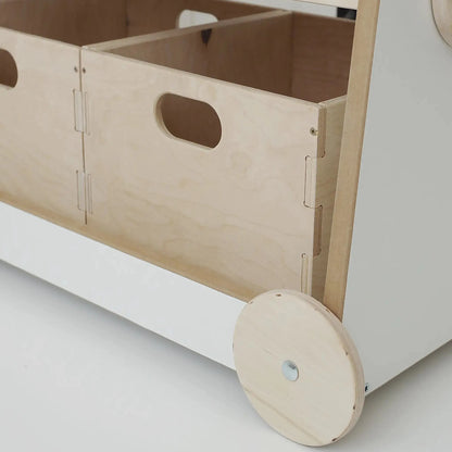 wooden bookcase on wheels