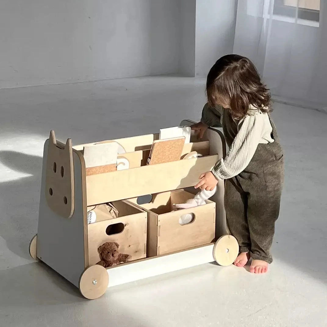 wooden bookcase on wheels