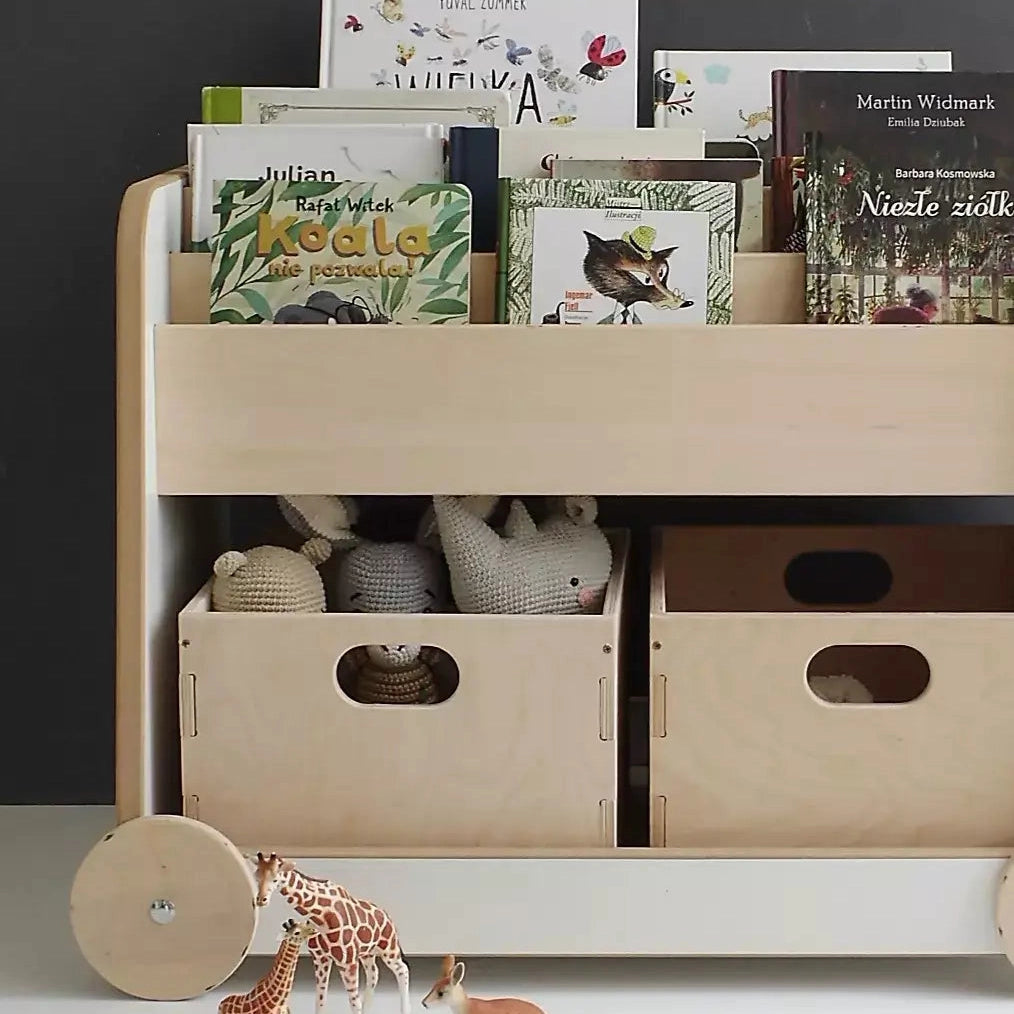 wooden bookcase on wheels