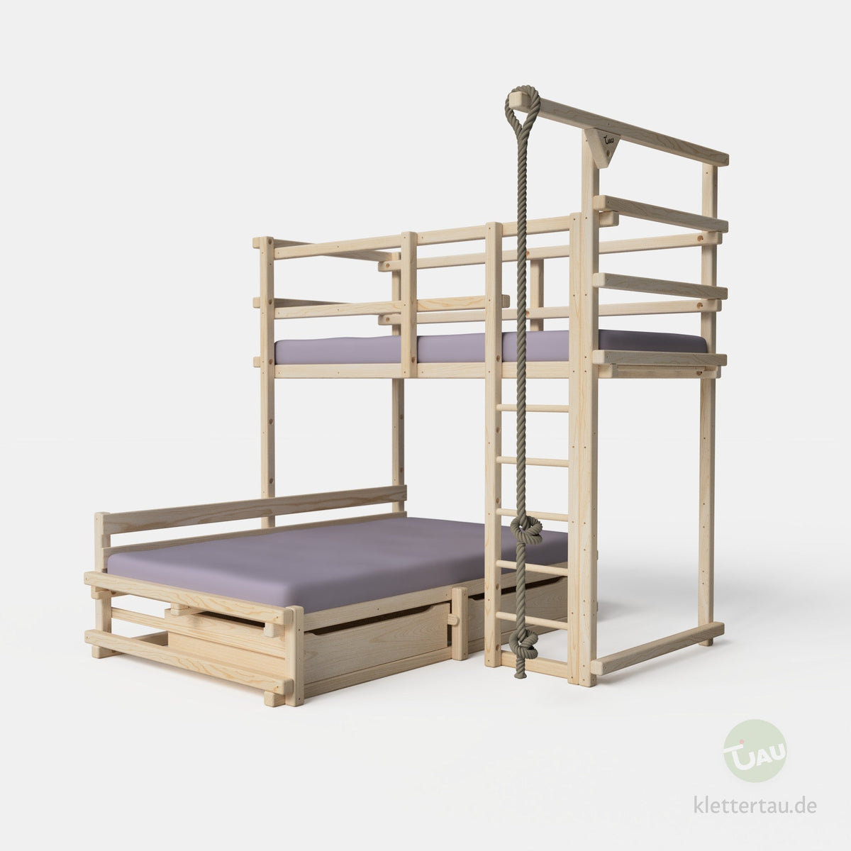 Etagenbett aus Holz über Eck