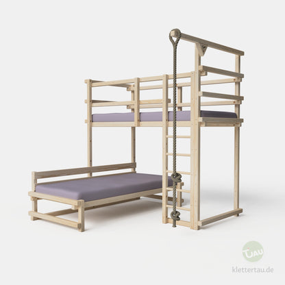 Etagenbett aus Holz über Eck
