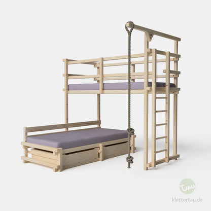 Etagenbett aus Holz über Eck